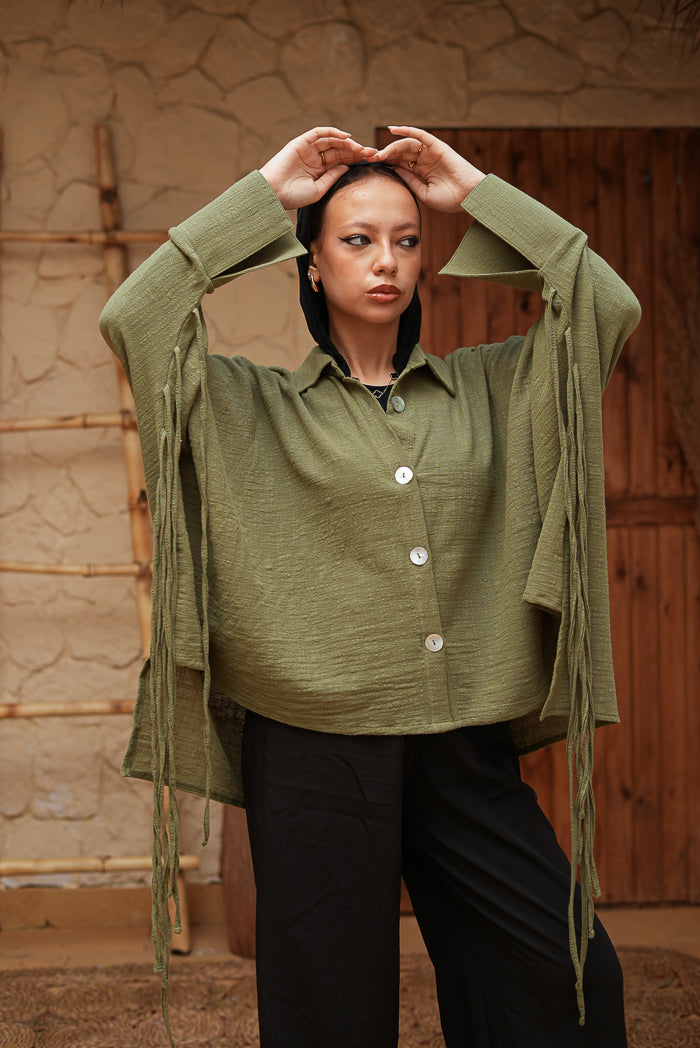 Short Olive Green Fringed Tunic