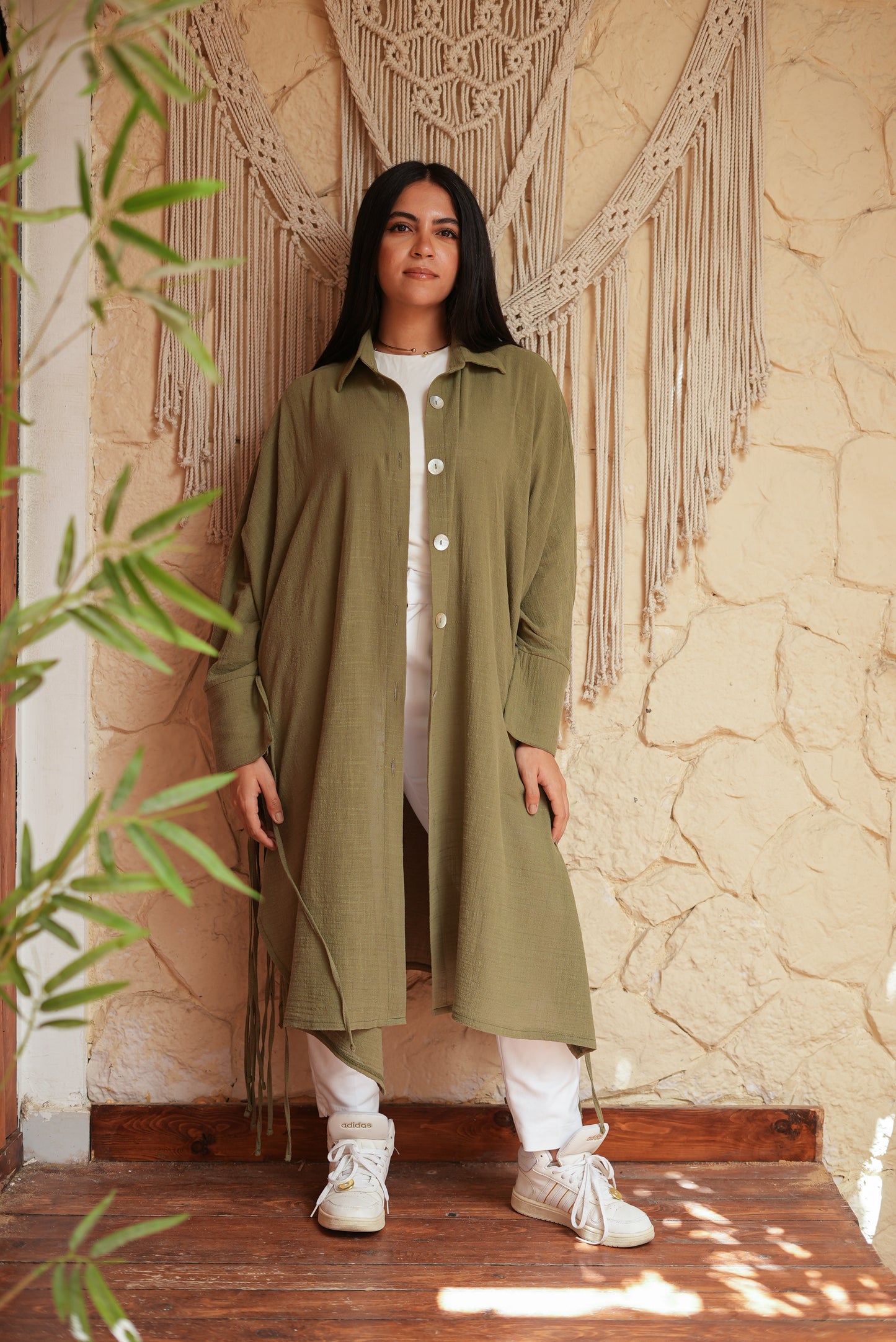 Long Olive Green Fringed Tunic