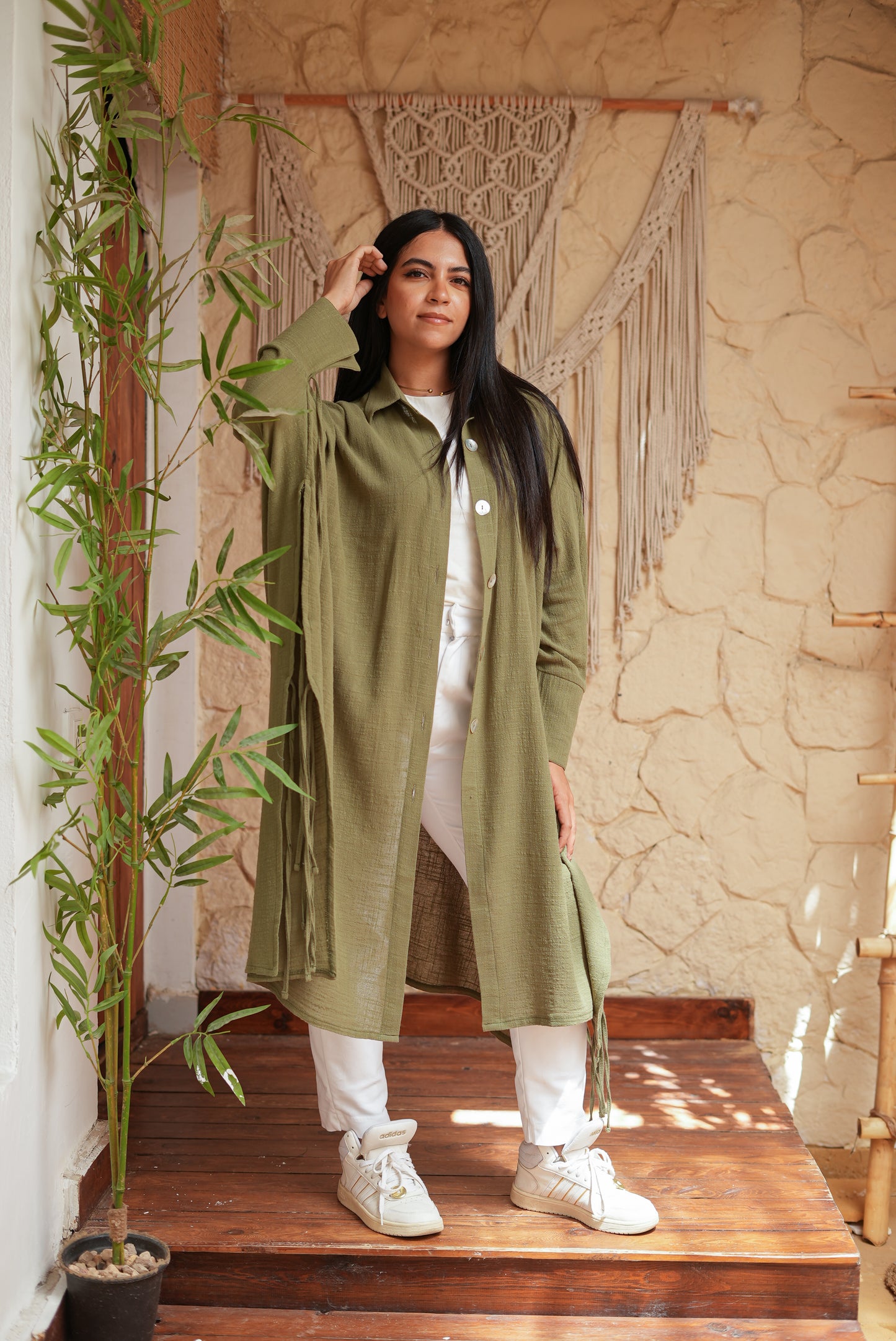 Long Olive Green Fringed Tunic