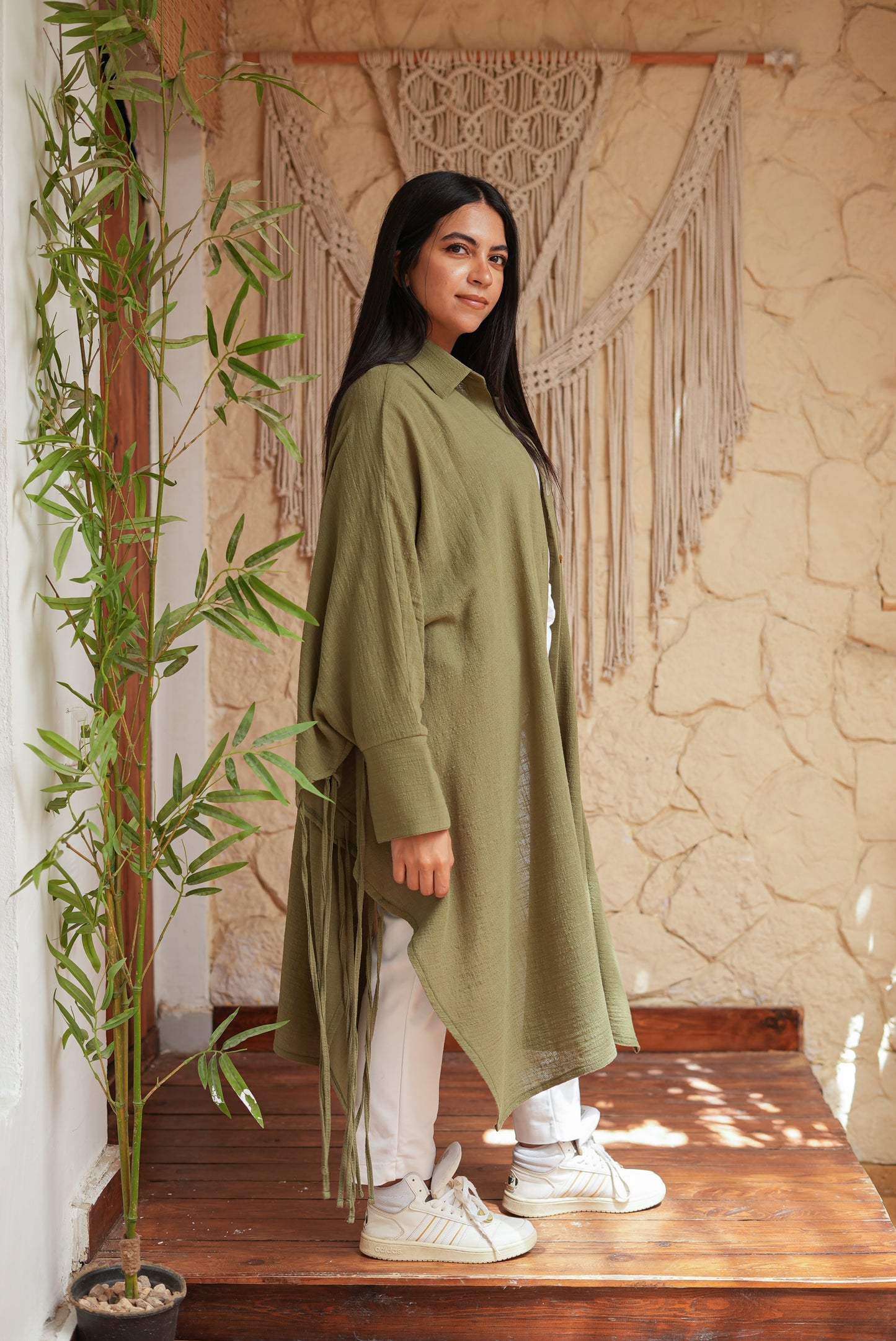 Long Olive Green Fringed Tunic