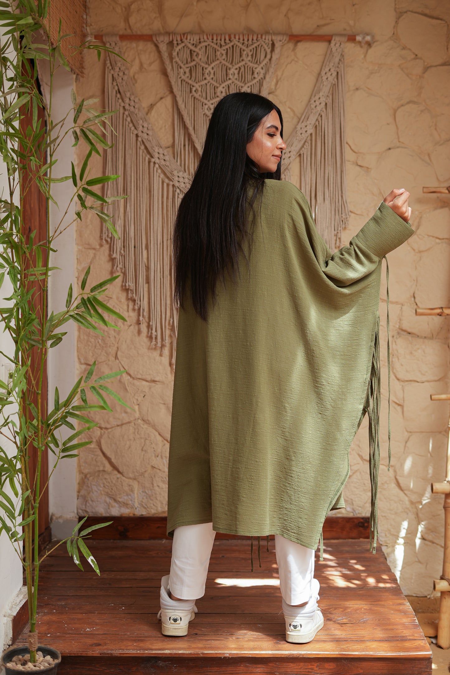 Long Olive Green Fringed Tunic