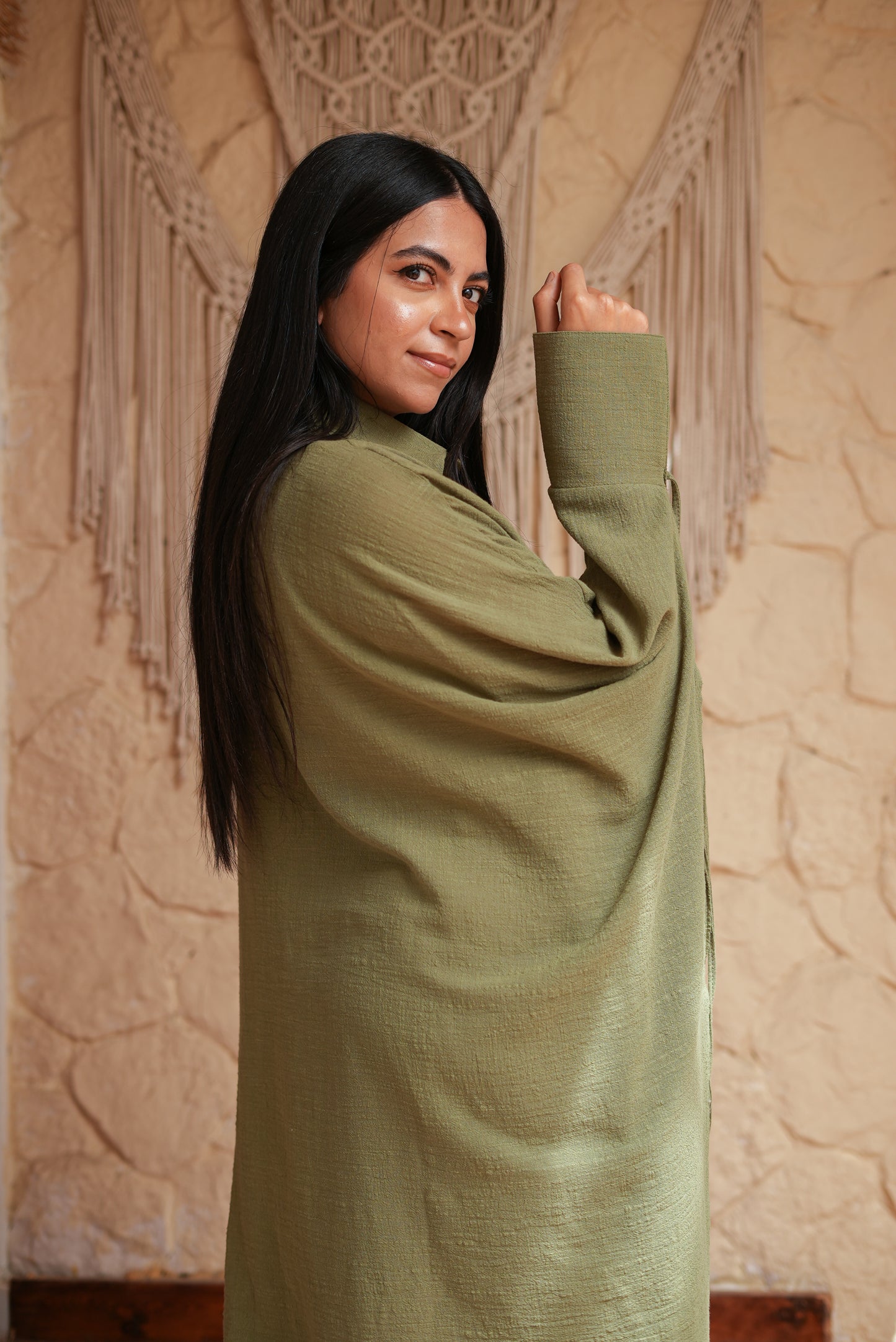 Long Olive Green Fringed Tunic