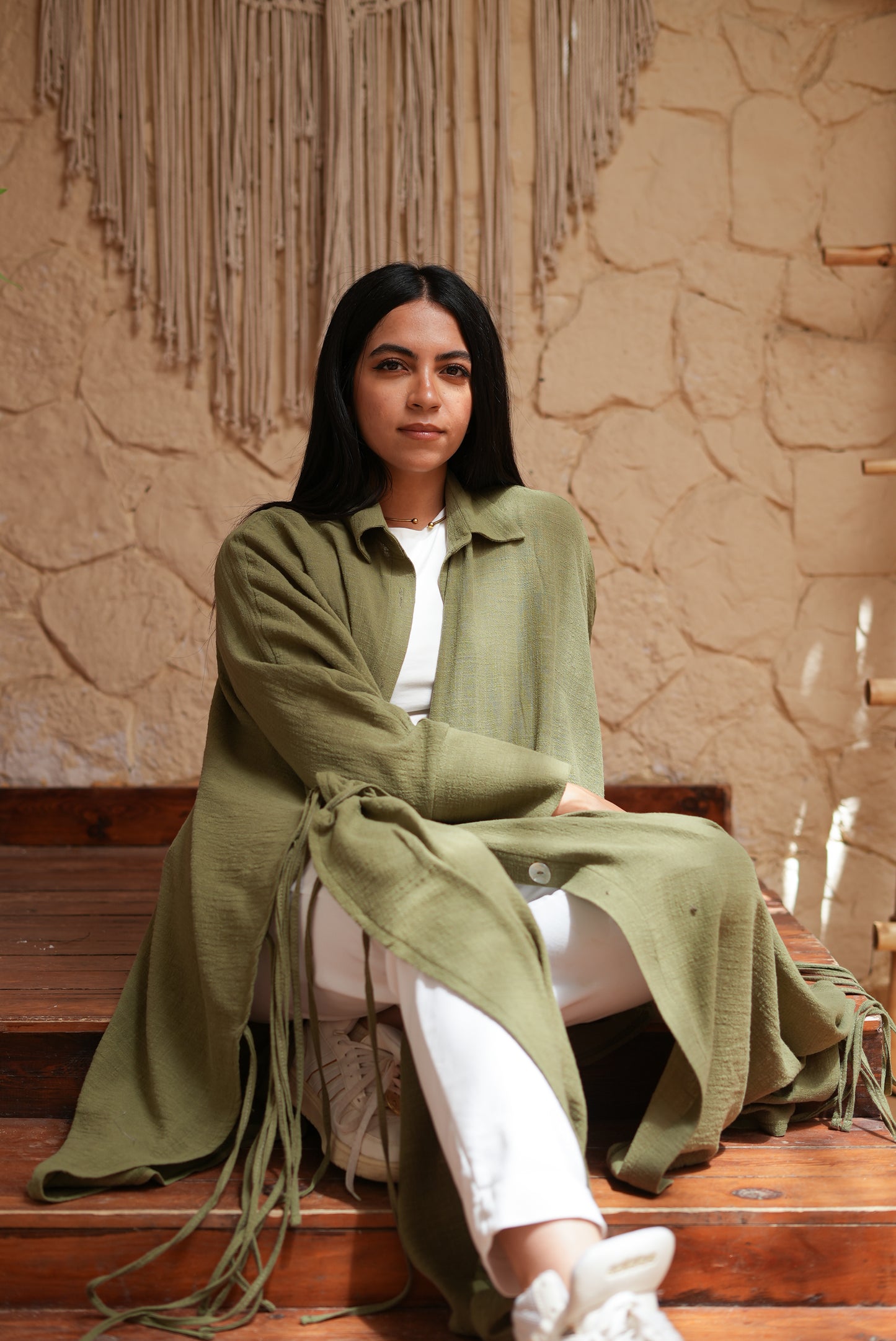 Long Olive Green Fringed Tunic