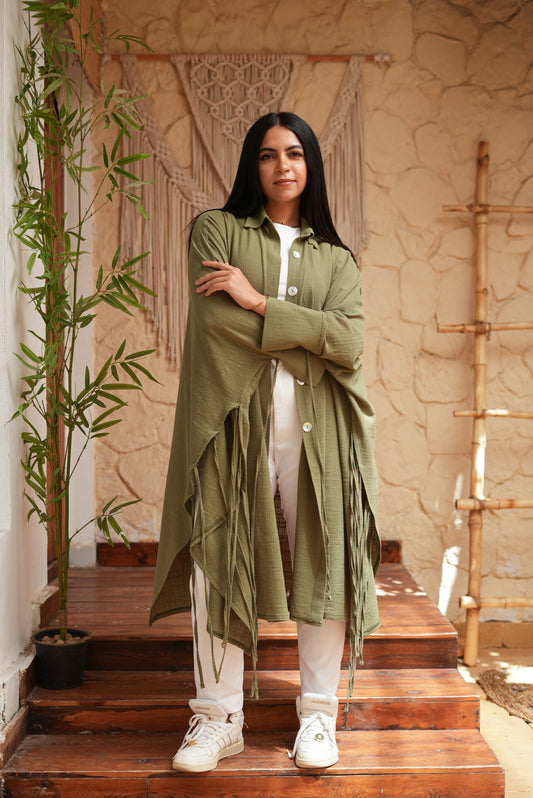 Long Olive Green Fringed Tunic