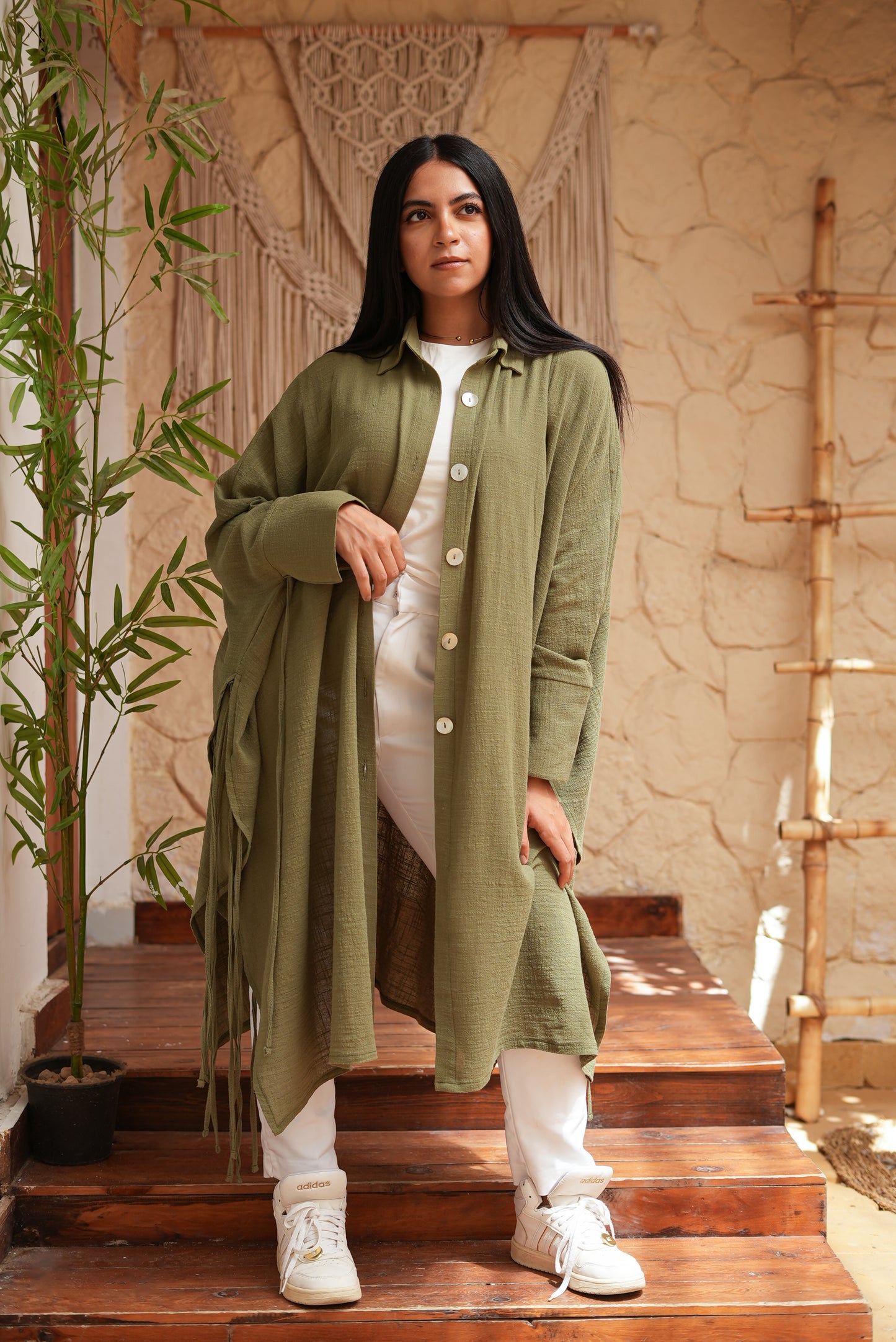 Long Olive Green Fringed Tunic
