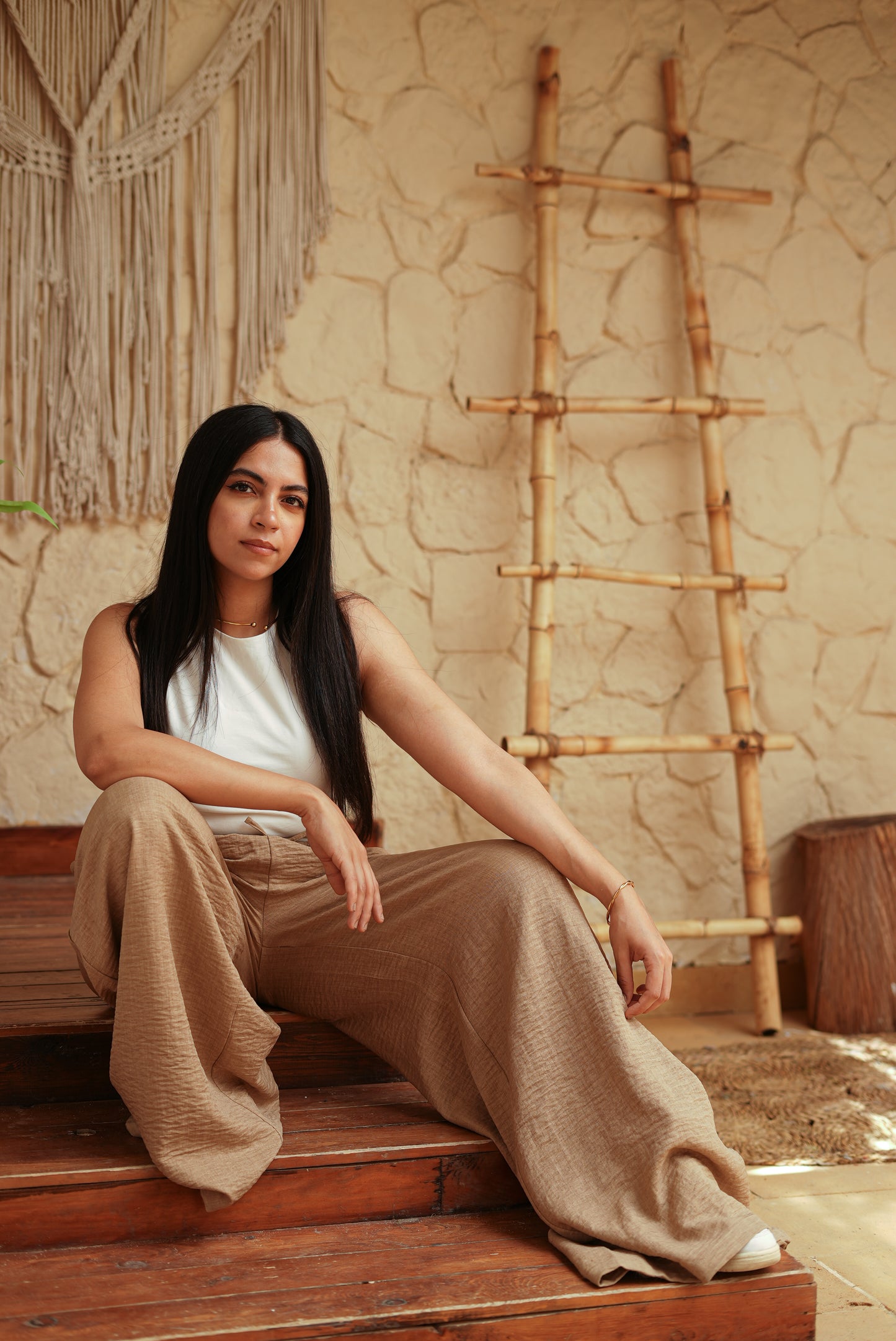 Boho Beige Wide-Leg Pants