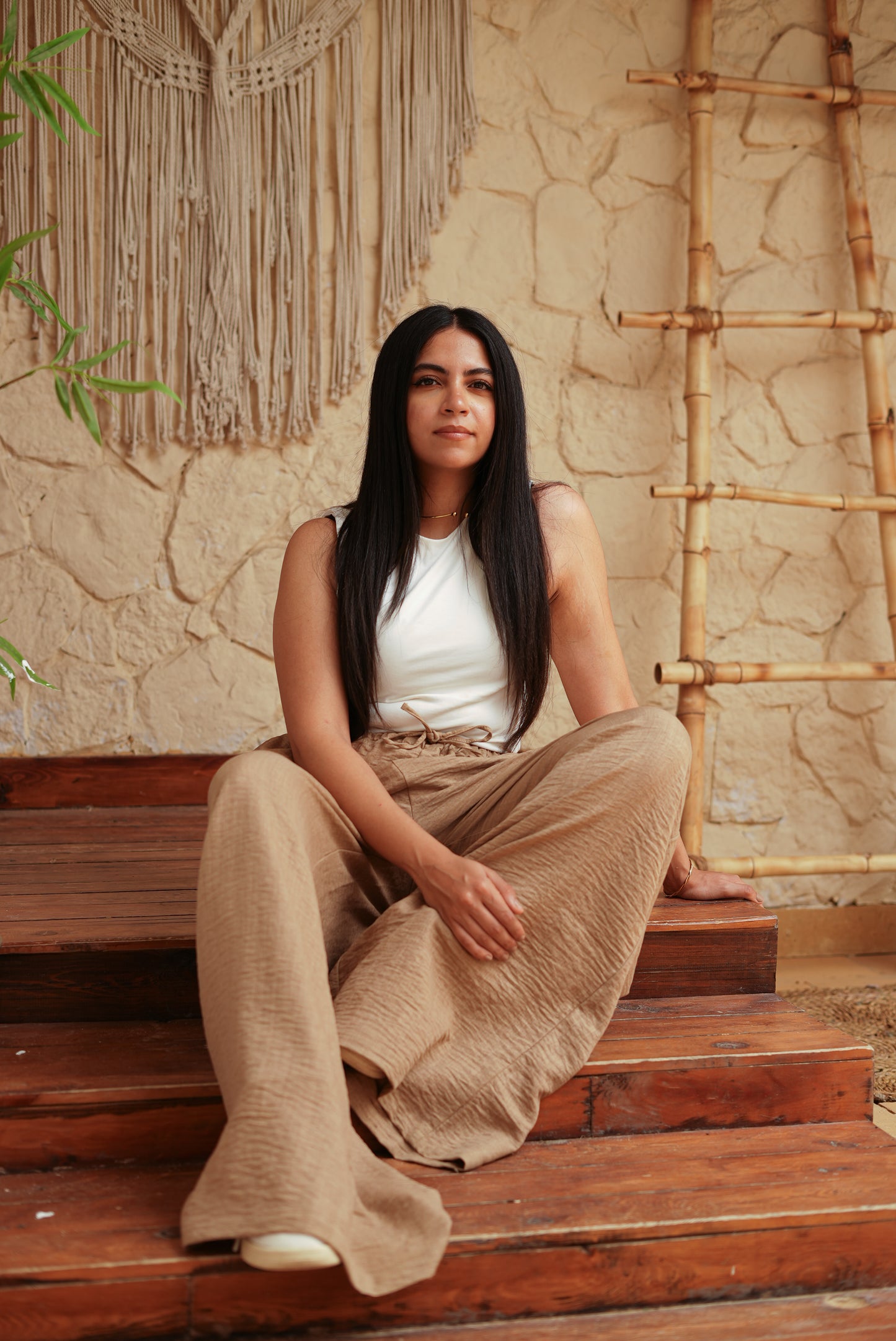 Boho Beige Wide-Leg Pants
